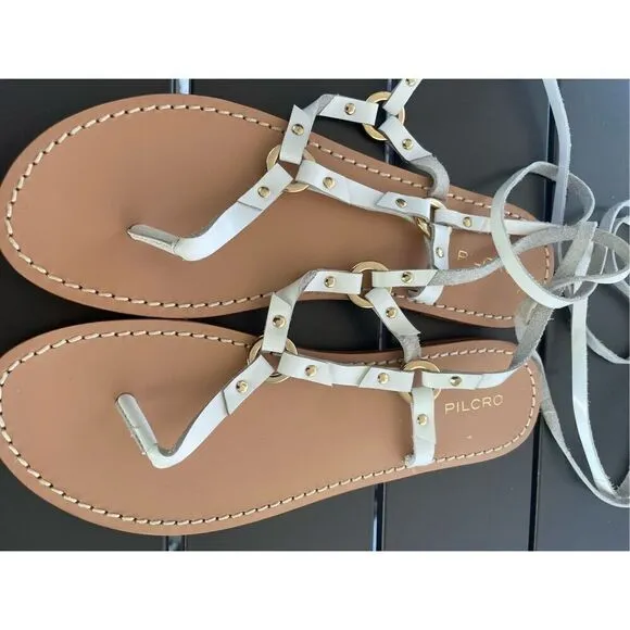 Pilcro Anthropologie Harness Tie up White Leather Thong Sandals Size 8M