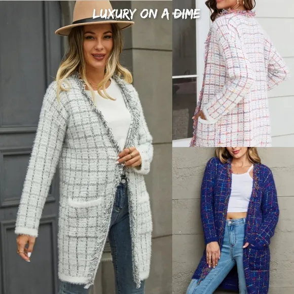 Plaid Retro Knit Contrasting Fringe Eyelash Fur Hem Longline Sweater Cardigan