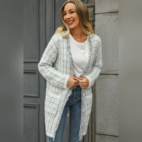 Plaid Retro Knit Contrasting Fringe Eyelash Fur Hem Longline Sweater Cardigan