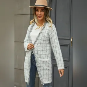 Plaid Retro Knit Contrasting Fringe Eyelash Fur Hem Longline Sweater Cardigan