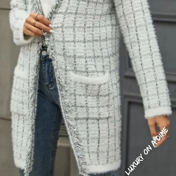 Plaid Retro Knit Contrasting Fringe Eyelash Fur Hem Longline Sweater Cardigan