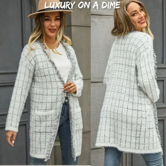 Plaid Retro Knit Contrasting Fringe Eyelash Fur Hem Longline Sweater Cardigan