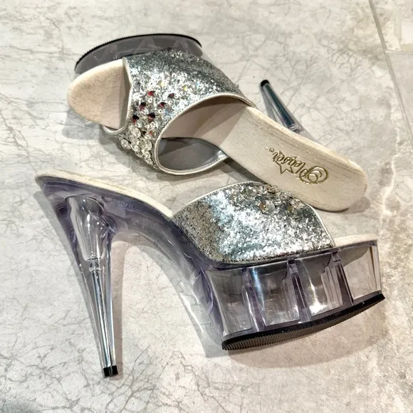 PLEASER platform high heels stripper clear plastic stilettos silver sparkle NEW