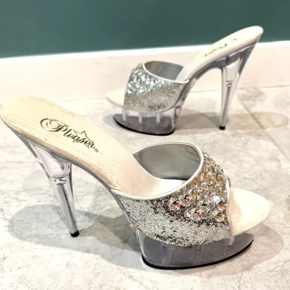 PLEASER platform high heels stripper clear plastic stilettos silver sparkle NEW