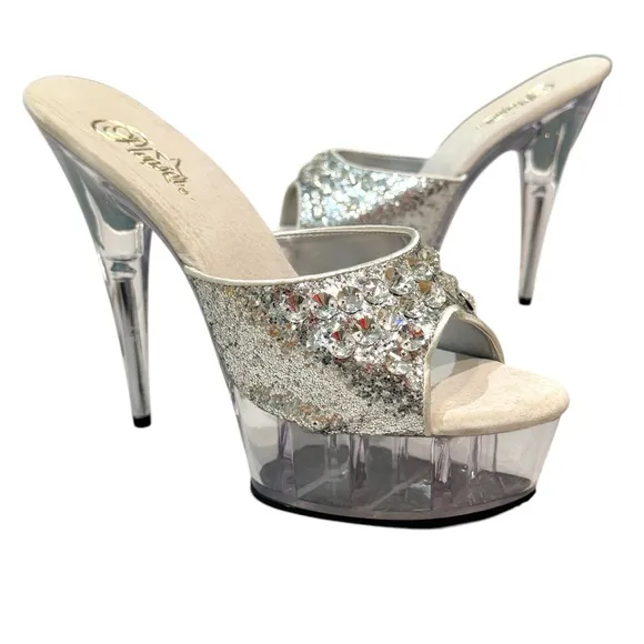 PLEASER platform high heels stripper clear plastic stilettos silver sparkle NEW