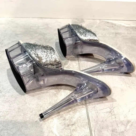 PLEASER platform high heels stripper clear plastic stilettos silver sparkle NEW