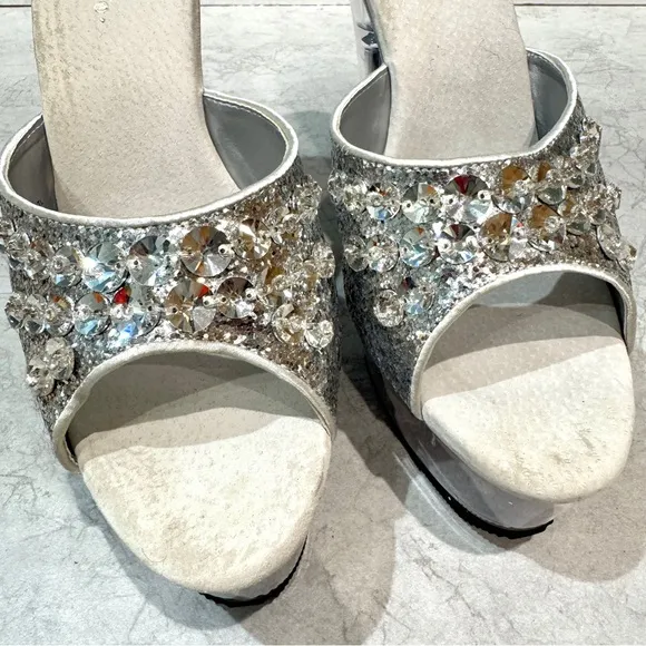 PLEASER platform high heels stripper clear plastic stilettos silver sparkle NEW
