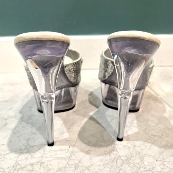 PLEASER platform high heels stripper clear plastic stilettos silver sparkle NEW