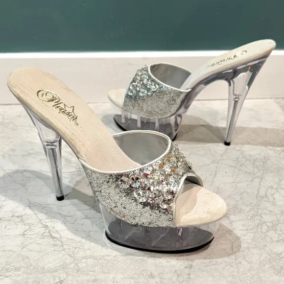 PLEASER platform high heels stripper clear plastic stilettos silver sparkle NEW