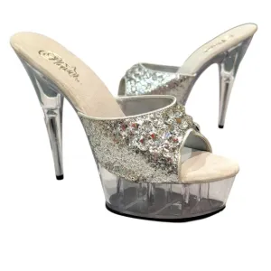 PLEASER platform high heels stripper clear plastic stilettos silver sparkle NEW
