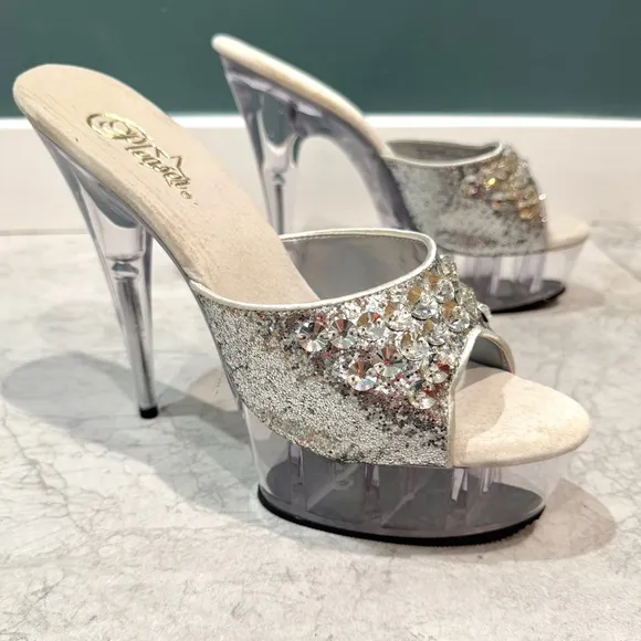 PLEASER platform high heels stripper clear plastic stilettos silver sparkle NEW