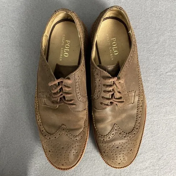 Polo Ralph Lauren Suede Oxford Wingtips Men Tan 10D Preppy Brogue
