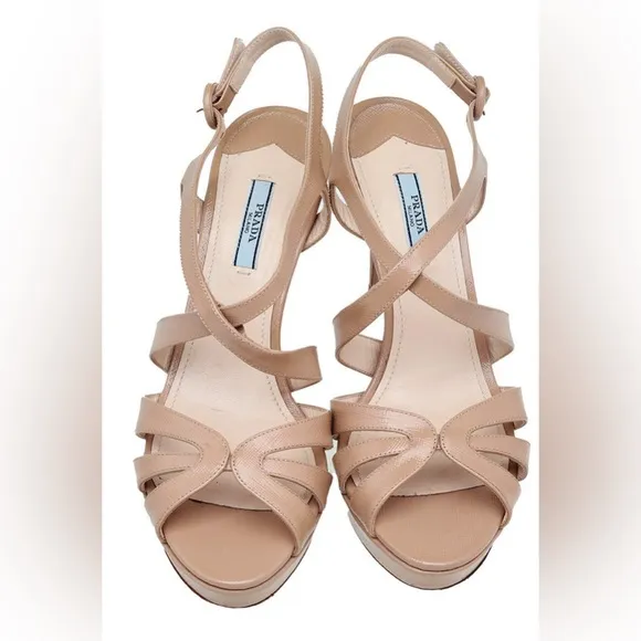Prada Beige Patent Leather Strappy Platform Sandals Size 37.5