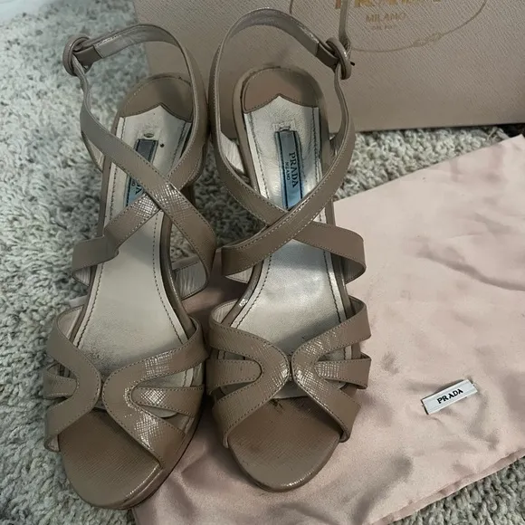 Prada Beige Patent Leather Strappy Platform Sandals Size 37.5