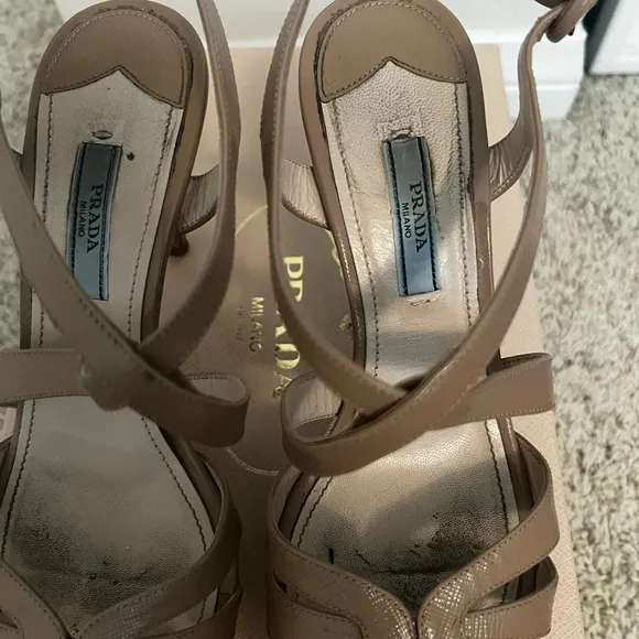 Prada Beige Patent Leather Strappy Platform Sandals Size 37.5