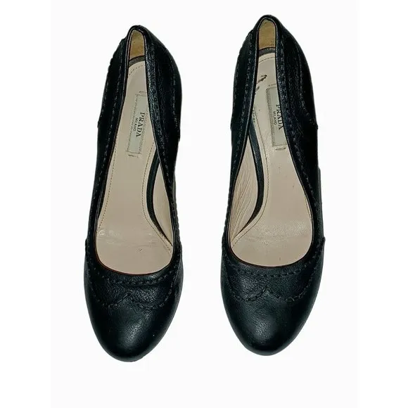 Prada Broque Size 36.5 Black Leather Platform High Heel Shoes