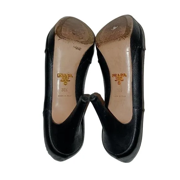 Prada Broque Size 36.5 Black Leather Platform High Heel Shoes