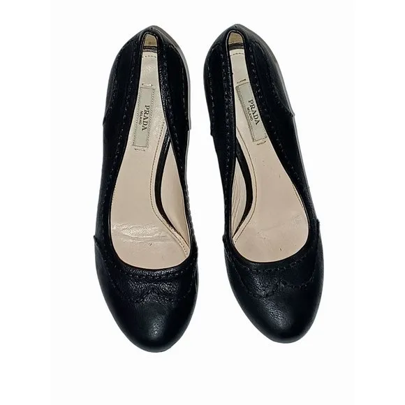 Prada Broque Size 36.5 Black Leather Platform High Heel Shoes