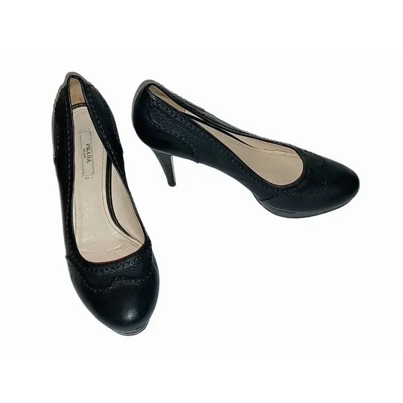 Prada Broque Size 36.5 Black Leather Platform High Heel Shoes