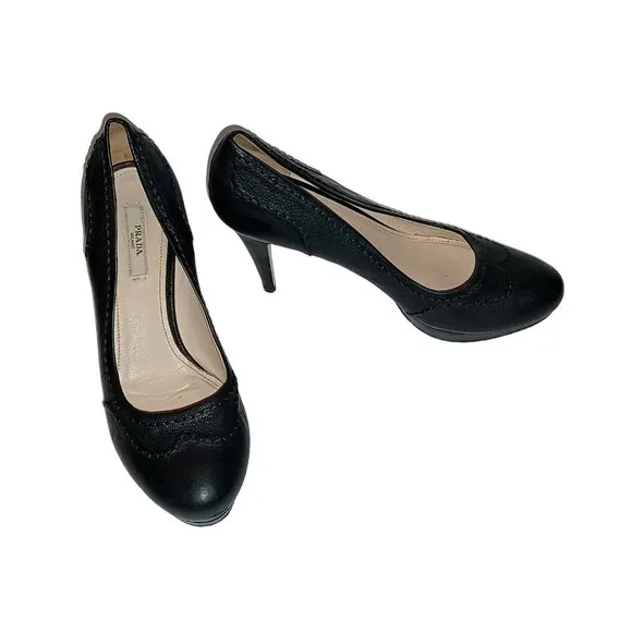 Prada Broque Size 36.5 Black Leather Platform High Heel Shoes