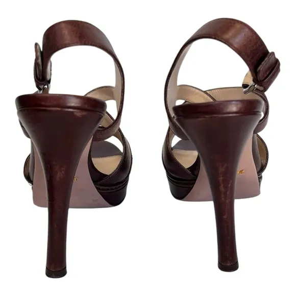 Prada | Brown Leather Strappy Platform High Heel Sandals 40 9