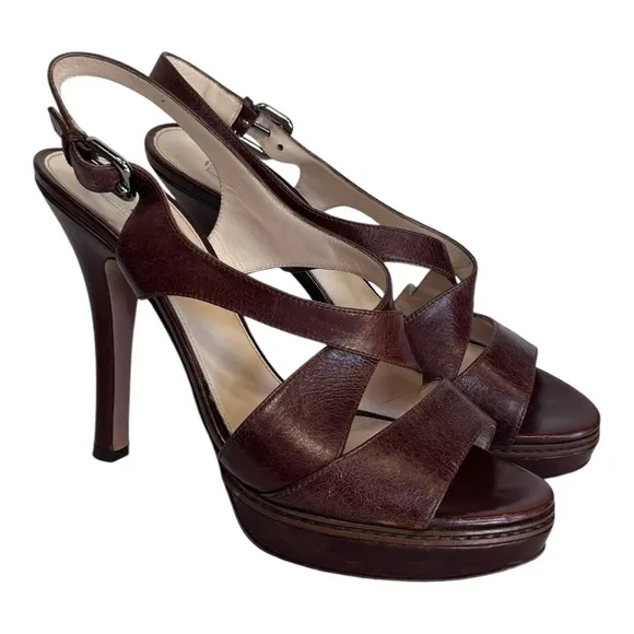 Prada | Brown Leather Strappy Platform High Heel Sandals 40 9