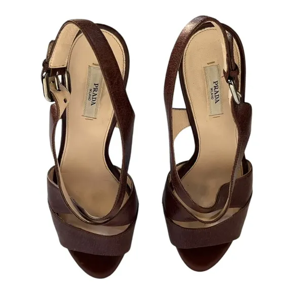 Prada | Brown Leather Strappy Platform High Heel Sandals 40 9