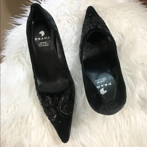 Prada elegant black velvet beaded metallic heels