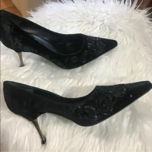 Prada elegant black velvet beaded metallic heels