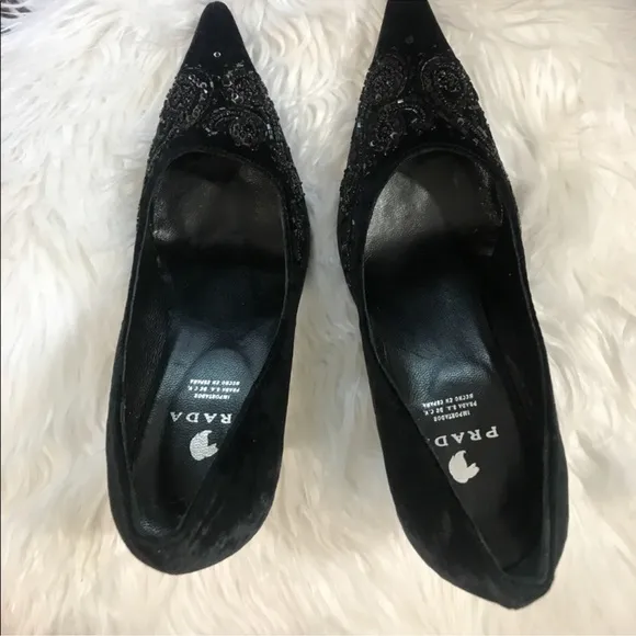 Prada elegant black velvet beaded metallic heels