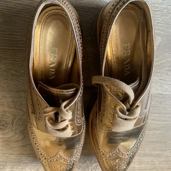 Prada Gold Brogue Oxford Shoes