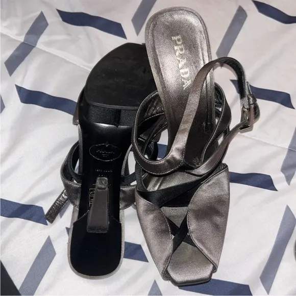 Prada 🖤🖤 size 8.5 / 38.5 black leather platform strappy sandals 5” heel EUC