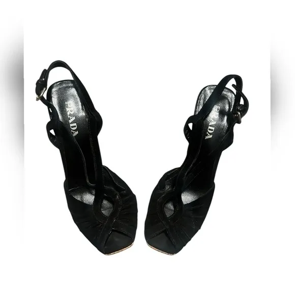 PRADA STRAPPY PEEP TOE SUEDE CORK HEEL BLACK SHOES Size 6 $995