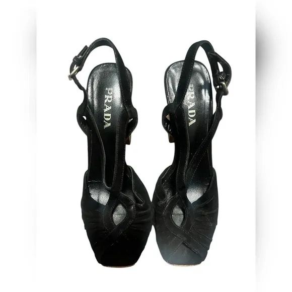 PRADA STRAPPY PEEP TOE SUEDE CORK HEEL BLACK SHOES Size 6 $995