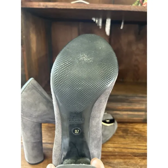Prada Suede Block Heels Gray Buckle Detail Designer Shoes Size US 7