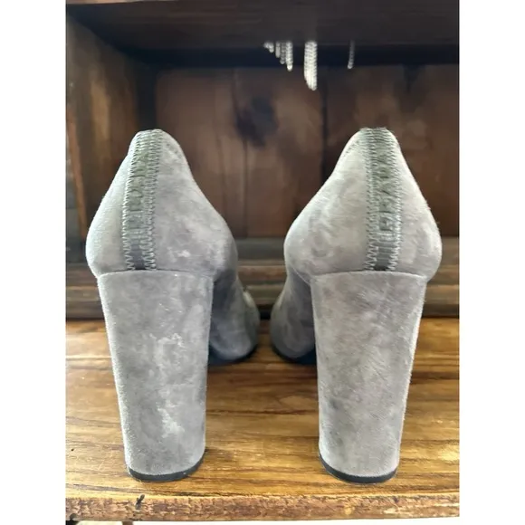 Prada Suede Block Heels Gray Buckle Detail Designer Shoes Size US 7
