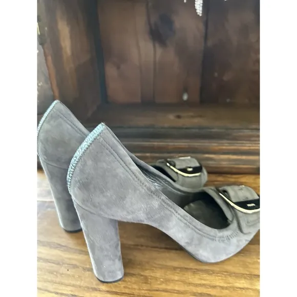 Prada Suede Block Heels Gray Buckle Detail Designer Shoes Size US 7