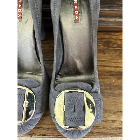 Prada Suede Block Heels Gray Buckle Detail Designer Shoes Size US 7