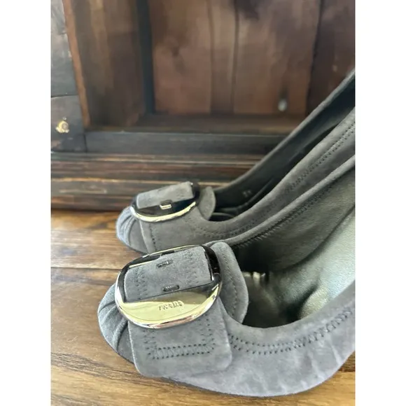Prada Suede Block Heels Gray Buckle Detail Designer Shoes Size US 7