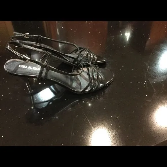 PRADA Black Leather Strappy Mirrored Heel Sandals