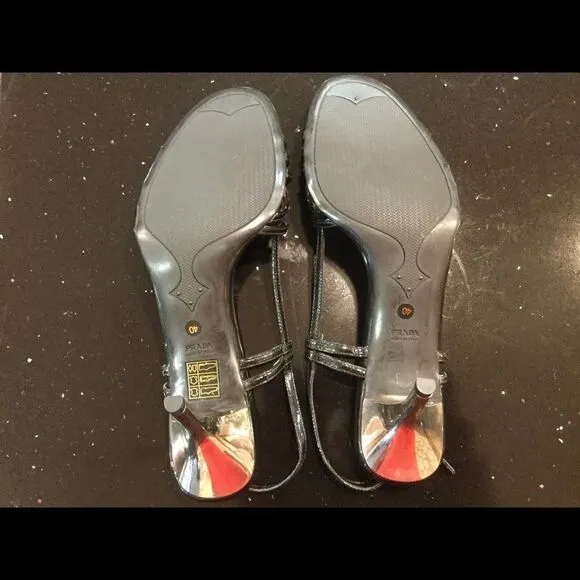 PRADA Black Leather Strappy Mirrored Heel Sandals