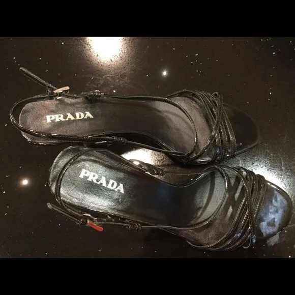 PRADA Black Leather Strappy Mirrored Heel Sandals