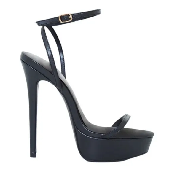 PRETTYLITTLETHING • Black Leather Platform Strappy High Heels