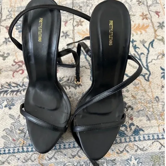 PRETTYLITTLETHING • Black Leather Platform Strappy High Heels