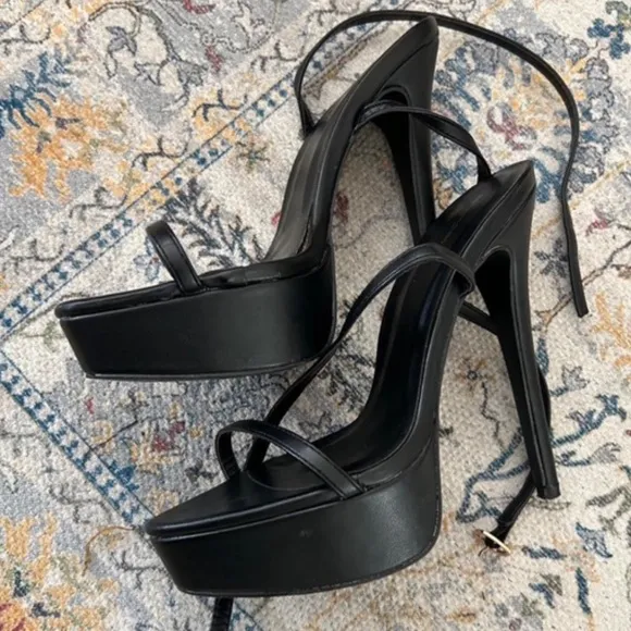 PRETTYLITTLETHING • Black Leather Platform Strappy High Heels