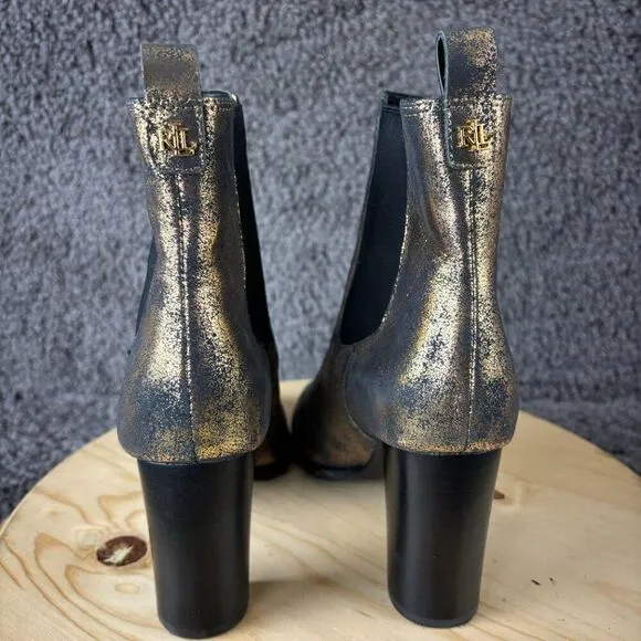 Ralph Lauren Mylah Chelsea Boots Womens 7.5 Tumbled Leather Gold Block Heel Shoe