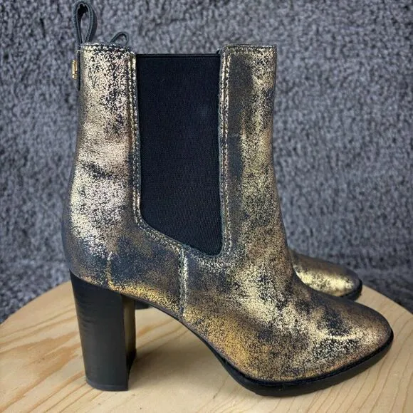 Ralph Lauren Mylah Chelsea Boots Womens 7.5 Tumbled Leather Gold Block Heel Shoe