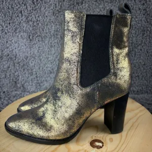 Ralph Lauren Mylah Chelsea Boots Womens 7.5 Tumbled Leather Gold Block Heel Shoe
