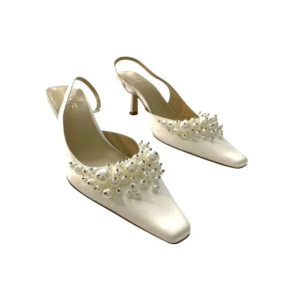 Raye $188 Serena D'orsay White Wedding Pearl Slingback Heel Shoes Sz 8 NEW