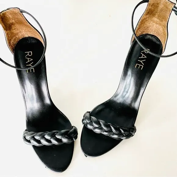 RAYE REVOLVE Lyka Black Braided Open Toe Ankle Stiletto Heels Sandals Shoes 8.5
